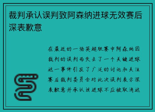 裁判承认误判致阿森纳进球无效赛后深表歉意